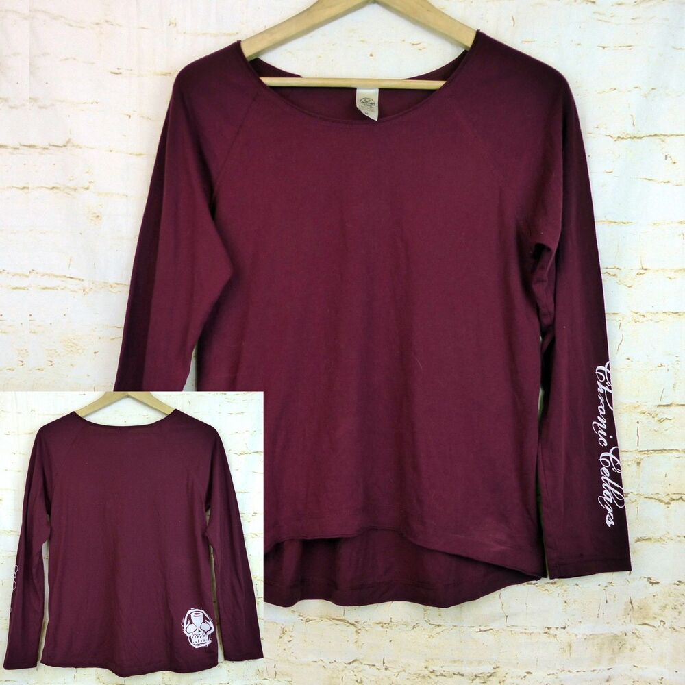 Chronic Clothing Chronic Cellars Shirt Women M Burgundy LS Graphic Logo Skull